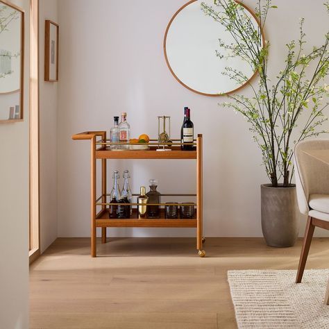 Solo Apartment, Rustic Industrial Kitchen, Bar Serving Cart, Built In Wine Rack, Bar Station, Mid Century Bar, Apt Decor, Serving Cart, Caster Wheels