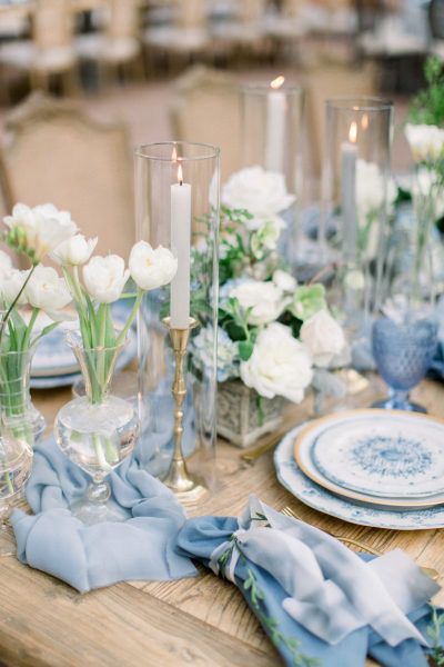 Light Blue Wedding Colors, Candles And Flowers, Tulip Wedding, Romantic Wedding Receptions, Blue Wedding Inspiration, Light Blue Wedding, Blue Themed Wedding, Wedding Colors Blue, Dusty Blue Weddings