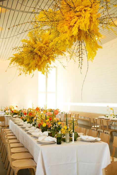 Wildflower-Inspired Prospect House Wedding | Junebug Weddings Yellow Wildflower Wedding, Gold Wildflower Wedding, Prospect House Wedding, Wildflower And Candle Wedding, Wildflower Installation, Lbj Wildflower Center Wedding, Cloud Installation, Wildflower Arrangements, Floral Cloud