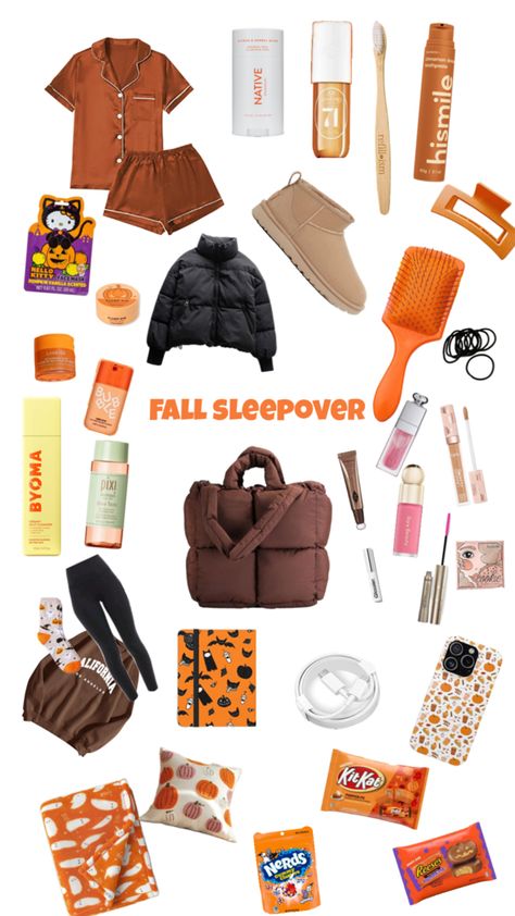 #fall #autumn #sleepover #packing Autumn Sleepover, Fall Sleepover Ideas, Fall Sleepover, Halloween Sleepover, Sleepover Activities, Fall Bucket List, Outfit Layout, What To Pack, Halloween Party