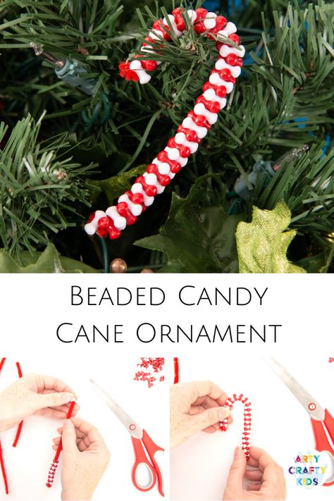 Make Beaded Candy Cane Ornaments with the kids this Christmas. Made with just two materials, kids will love this simple and fun Christmas craft. Candy Cane Kids Crafts, Ornaments Diy Kids, Easy Preschool Crafts, Candy Cane Crafts, Classroom Christmas, Indoor Kids, Beads Candy, Candy Cane Ornament, Fun Christmas Crafts