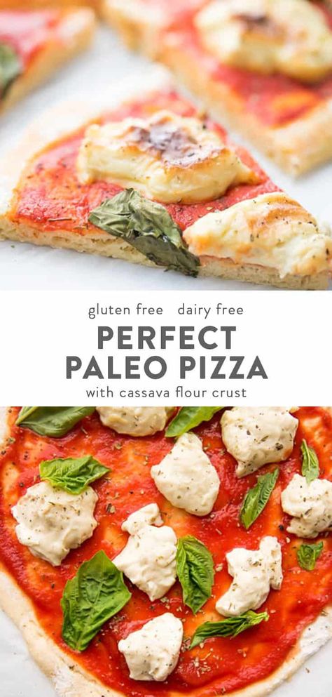 This paleo pizza and dough recipe tastes just like the real thing! Made with almond flour, cassava flour, and yeast, the crust has an airy, chewy texture, and it's surprisingly easy to make.  This paleo pizza recipe is topped with a dairy-free fresh mozzarella that melts and stretches! #paleo #glutenfree Dairy Free Pizza Recipe, Paleo Pizza Recipes, Paleo Pizza Crust, Dairy Free Pizza, Paleo Pizza, Paleo Meal Prep, Paleo Dishes, Paleo Bread, Cassava Flour