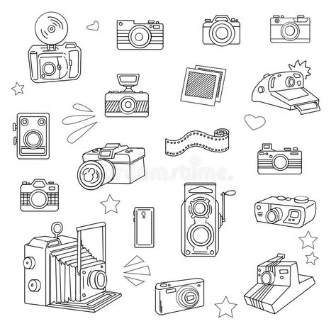 Photo cameras set vector illustration Camera Film Tattoo, Vintage Camera Tattoos, Camera Doodle, Camera Tattoo Design, Wörter Tattoos, Camera Tattoos, Camera Illustration, Doodle Wall, Camera Drawing