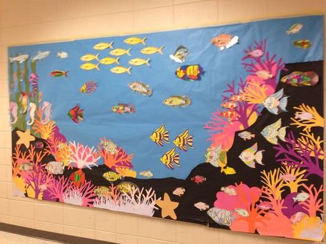 Aquarium Bulletin Board Sea Theme, Aquarium Bulletin Board Ideas, Aquatic Bulletin Boards, Coral Reef Bulletin Board, Australia Bulletin Board, Great Barrier Reef Crafts For Kids, Little Mermaid Bulletin Board, Underwater Bulletin Board, Fish Bulletin Board Ideas