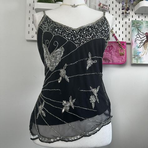 y2k black butterfly beaded asymmetrical cami top... - Depop Y2k Pieces, The Reflection, Butterfly Top, Black Butterfly, Brown Top, Y2k Black, Cami Top, Cami Tops, Loose Beads