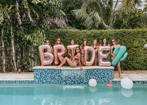 Bride balloons and pool party for cactus and flamingo themed bachelorette weekend Hen Party Pool Inflatables, Bridal Pool Party Ideas, Spinster Party Ideas Decoration, Bachelorette Party Decorations Pool, Swimming Bachelorette Party, Pool Bachelorette Party Decoration, Pool Bridal Party, Bachelorette Pool Decorations, Bachelorette Party Pool Decor