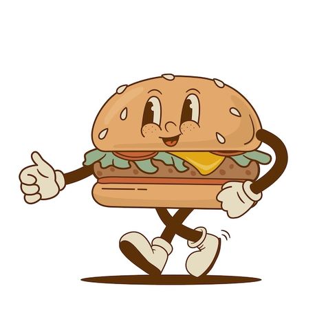 Cartoon Food Tattoos, Vintage Burger Illustration, Burger Character Illustration, Burger Cartoon Drawing, Retro Burger Illustration, Bread Cartoon Drawing, Burger Character Design, Food Character Illustration, Retro Food Illustration