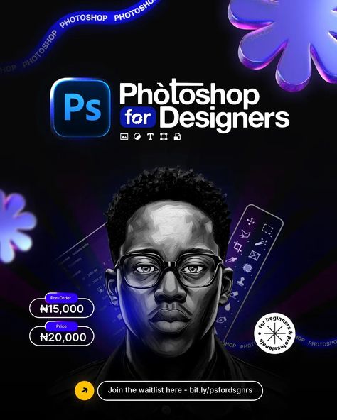 PHOTOSHOP FOR DESIGNERS The PFD course is tailored for graphic designers who are new to Photoshop, and even for professionals, there's a high chance that you'll learn one or two more things to add to your well of knowledge. Now, whether you are a Pixellab designer that recently transitioned to Photoshop or you just started with Photoshop without any prior experience in graphic designing or any software for design then you'll need to get this course. This course has up to 8 distinct modules,... Courses Poster, Course Poster Design, Graphic Design Theme, Photoshop Course, 90s Wallpaper, Merch Design, Professional Profile, Instagram Feeds, Nigerian Food