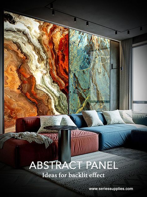 Abstract Panel represent an innovative reality in the world of wall murals.The state-of-the-art detection and hot press technology allows to have a perfect quality and super-defined visual impact very similar stone, marble, agate, onyx slabs. This panel can be appreciated with or without backlit. Its lightweight nature eases the installation process. Comes with matt and glossy surfaces. Feature Wall Design, Feature Wall Living Room, Bedroom Door Design, Tv Decor, Living Room Tv Stand, Interior Wall Design, Mural Design, Luxury Homes Interior, Marble Wall