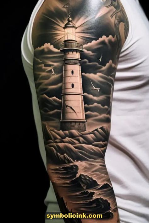 Lighthouse Tattoo For Men Light House Tattoo Design For Men, Mens Lighthouse Tattoo Sleeve, Black And Gray Lighthouse Tattoo, Lighthouse Cover Up Tattoo, Lighthouse Tattoos Men, Lighthouse Back Tattoo, Lighthouse Flash Tattoo, Lighthouse Leg Tattoo, Maine Lighthouse Tattoo