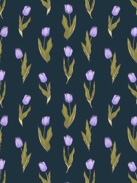 Purple tulips pattern | Andreea Dumez Artist #pattern #tulips #patternsforcrochet #printdesign Purple Flowers Pattern, Tulip Pattern Design, Tulips Pattern, Purple Tulips Wallpaper, Tulip Pattern, Tulip Flower Drawing, Textile Design Portfolio, Tulip Drawing, Tulips Art