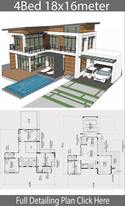 Home Ideas Modern, Big Modern Houses, Modern House Floor Plans, Two Story House, Casas The Sims 4, Sims House Plans, House Construction Plan, House Layout Plans, Model House Plan