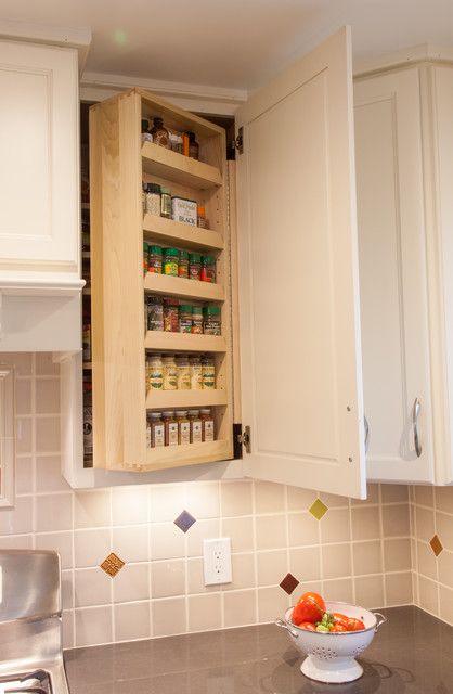 Spice Rack Next To Range, Kitchen Cabinet Spice Pull Out, Hidden Spice Cabinet In Wall, Pull Down Spice Rack Cabinet, Upper Cabinet Spice Rack, Built In Spice Rack Cabinets, Spice Cabinet Pull Out, Spice Cabinet Ideas, Spice Rack Over Stove