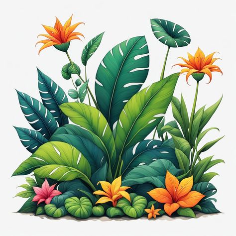 Cute cartoon jungle plants by Mark Terrey - Playground Rainforest Plants Drawing, Natural Motifs Drawing, Jungle Plants Drawing, Green Plants Background, Nature Painting Images, Jungle Logo, Tropical Drawing, Plants Logo, Turntables Art