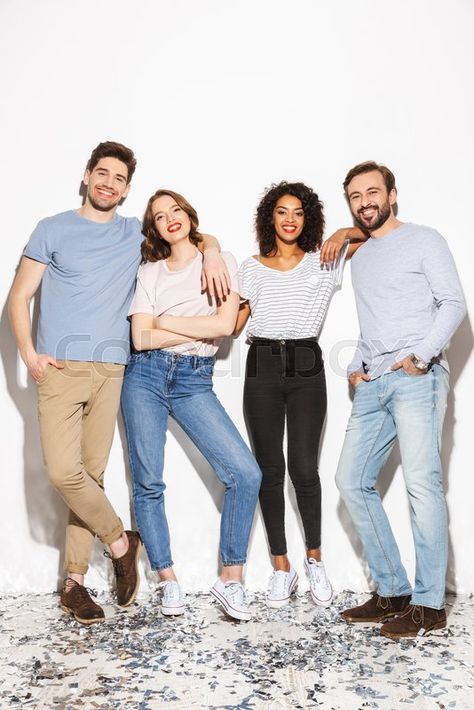 Stock image of 'Full length of a group of happy multiracial people standing together and laughing isolated over white background' Group Poses 4 People, Creative Team Photography, Group Photo Poses, Business Portrait Photography, Group Portrait, Women Laughing, Photos People, Team Photography, Group Poses