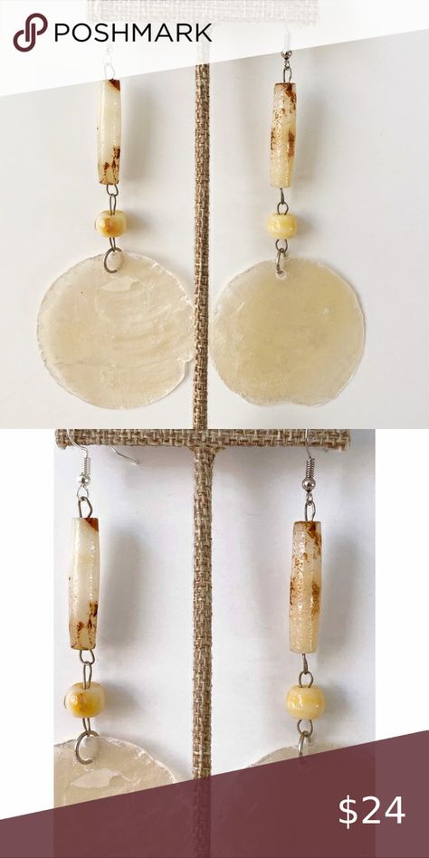 Bone and Capiz Shell Earrings Capiz Shell, Shell Jewelry, Long I, Shell Earrings, Too Long, Long Earrings, Beaded Earrings, Shells, Hair