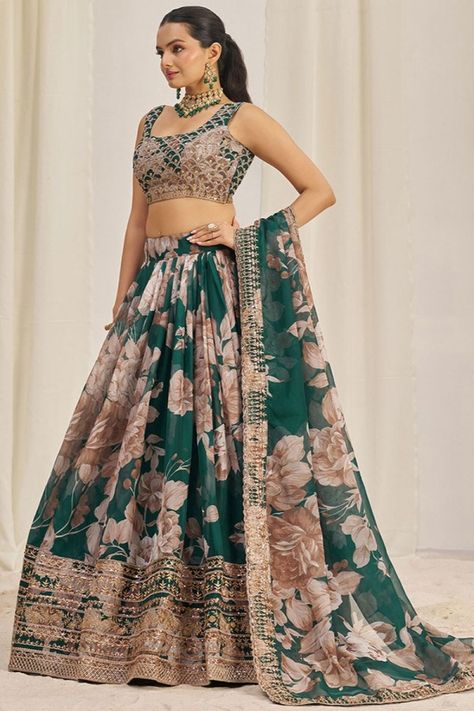 Pine Green Floral Print Organza Embroidered Lehenga Set Sangeet Lengha, Green Lehenga Choli, Bridal Lehenga Online, Ghaghra Choli, Printed Lehenga, Organza Lehenga, Organza Blouse, Green Lehenga, Lehenga Choli Online