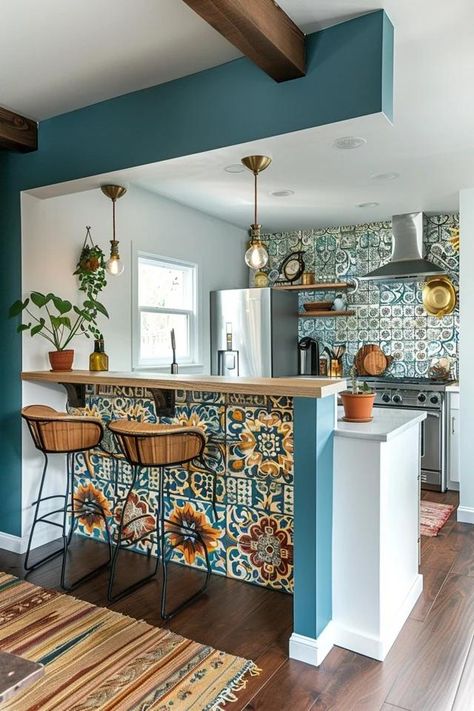 Half Wall Kitchen Ideas to Transform Your Space Half Wall Kitchen Ideas, Wall Kitchen Ideas, Colorful Boho Kitchen, Tiny Apartment Kitchen, Apartment Kitchen Decor Ideas, Half Wall Kitchen, Boho Kitchen Curtains, Apartment Kitchen Decor, Apartment Kitchens