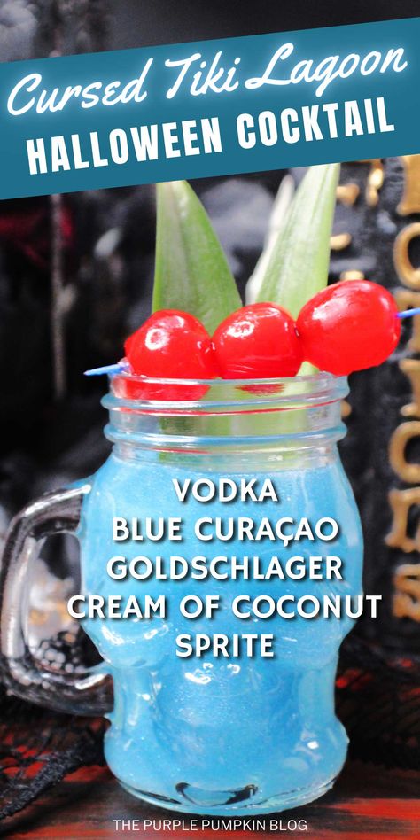 Looking for a unique Halloween cocktail? The Cursed Tiki Lagoon Cocktail blends vodka, blue curaçao, and Goldschlager for a spooky twist on tropical flavors. This cocktail stands out with its vibrant blue hue, a touch of shimmery gold, and a creamy coconut finish. Perfect for Halloween parties or a tiki-themed gathering with a haunted flair. Serve it with fun garnishes like red cherries and pineapple leaves to impress your guests. Visit The Purple Pumpkin Blog for the full recipe. Halloween Food For Adults, Vodka Blue, Pineapple Leaves, Kids Halloween Food, Blue Halloween, Spooky Halloween Treats, Halloween Foods, Cocktail Shots, Halloween Cocktail