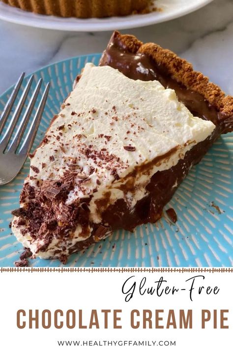 Luscious, chocolaty and not overly sweet, this Gluten-Free Chocolate Cream Pie is an easy, fun and crowd-pleasing dessert! It's simply a gluten-free graham cracker crust + homemade chocolate pudding + whipped cream... a dreamy pie everyone will love! Gluten Free Pudding Pie, Gf Graham Cracker Crust, Chocolate Pudding Pie With Graham Cracker Crust, Gluten Free Graham Cracker Crust Recipe, Gluten Free Chocolate Cream Pie Recipe, Gluten Free Dairy Free Chocolate Pie, Chocolate Pie Gluten Free, Chocolate Cream Pie Easy, Gluten Free Chocolate Pie