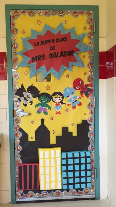 Superhero theme. Bilingual classroom door. Avengers Classroom Door, Super Hero Door Decoration, Superhero Door Decorations, Hero Sayings, Superhero Classroom Door Decorations, Super Hero Classroom Theme, Superhero Classroom Door, Superhero Door, Hero Classroom Theme