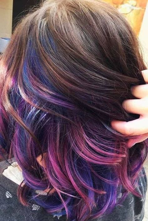 Blue Hair Underneath, Purple Peekaboo Hair, Galaxy Hair Color, Highlights On Brown Hair, Blue Hair Highlights, Peekaboo Hair Colors, Ombre Dark, Galaxy Hair, Hair Color Underneath