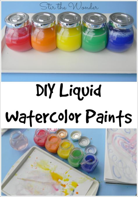 These DIY Liquid Watercolor Paints use a common kid's art supply  and is so easy to make a preschooler could do it! | Stir the Wonder Liquid Watercolor Diy, Home Made Paint For Kids, Homemade Paint For Kids, Water Color Kids Activities, Liquid Watercolor Projects For Kids, Homemade Watercolors, Color Wonder, Homemade Paint, Kids Watercolor