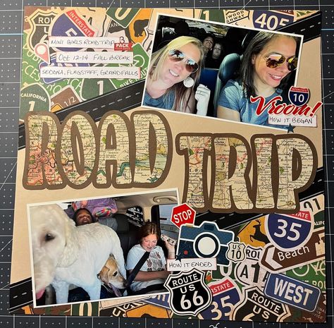 Roadtrip Scrapbook Ideas, Scrapbook Trip Ideas, Road Trip Scrapbook Ideas, Roadtrip Scrapbook, Roadtrip Journal, Student Life Yearbook, Road Trip Scrapbook, Personal Scrapbook, Trip Scrapbook