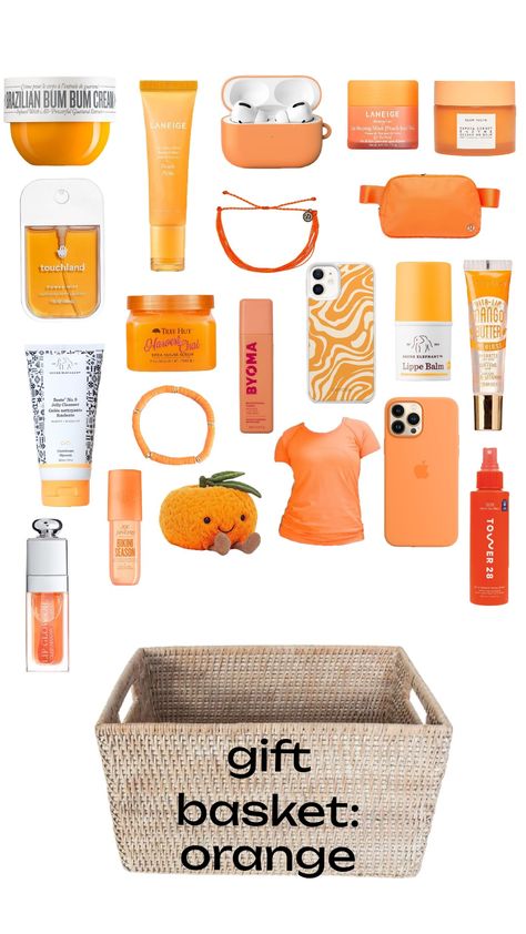 gift basket inspo! #orange #giftbasket #inspo #trend #aesthetic Orange Birthday Gifts, Orange Birthday Box Ideas, Orange Gift Ideas, Orange Themed Gift Basket, Orange Gift Basket Ideas, Orange Gift Basket, Cheap Gift Baskets, Orange Gift Box, Orange Gifts