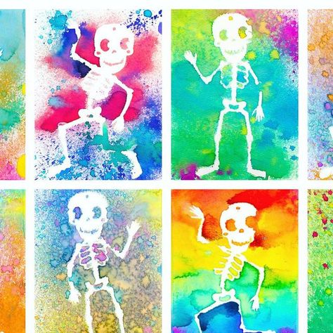 Katie Allain 🎨 on Instagram: "Liquid Watercolors in spray bottles and plastic skeleton cutouts make for a quick and colorful lesson on positive and negative space!" Negative Space Art, Positive And Negative Space, Plastic Skeleton, 2nd Grade Art, Liquid Watercolor, Skeleton Art, Fall Art, October 27, Art Lesson