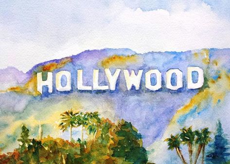 Hollywood Sign Drawing, Unique Watercolor Paintings, California Watercolor, California Poster, Griffith Park, Print Products, California Print, Unique Watercolor, Hollywood Sign