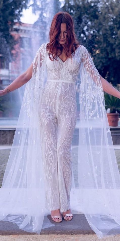 Wedding Jumpsuit With Cape, Wedding Pantsuit The Bride, Wedding Pantsuits, Jumpsuit With Cape, Jumpsuit Ideas, Bride Pantsuit, Bridal Pantsuit, Bridal Pants, Wedding Dress Detachable Skirt