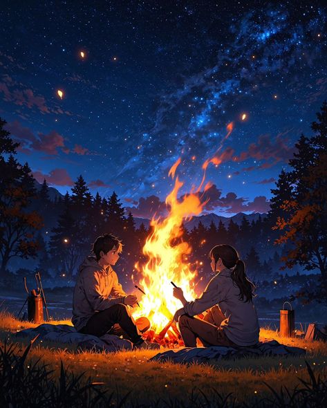 Two friends having a conversation by the bonefire, they are sitting close to each other, with the warm glow of fire illuminating their faces. The night sky is clear, and the surrounding area is quiet and serene, creating a cost atmosphere... - ✫ ━━━━━∙⋆⋅⋆∙━━━━━ ✫ Follow ➠ @tech4vinay.ai and Tap Notification 🔔☝️ ✫ ━━━━━∙⋆⋅⋆∙━━━━━ ✫ - #bonefire #starrynight #friendship #fanatasyworld #aiart #stablediffusionai #midjourney #aitrend #tech4vinay #NatureHarmony #ScenicJourney #BeautifulViews #Explor... Campfire Drawing, Cu Chulainn, Vision Of Love, Cartoon Couple, Two Friends, The Night Sky, Couple Cartoon, Coffee Shops, Nature Wallpaper