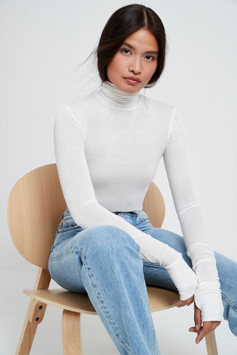 White Full Sleeve Top Outfit, Thumbhole Sweater, White Turtleneck Outfit, Sheer Turtleneck, 2024 Wishlist, Test Shoot, White Turtleneck, Sweatshirt Fabric, Turtleneck Top