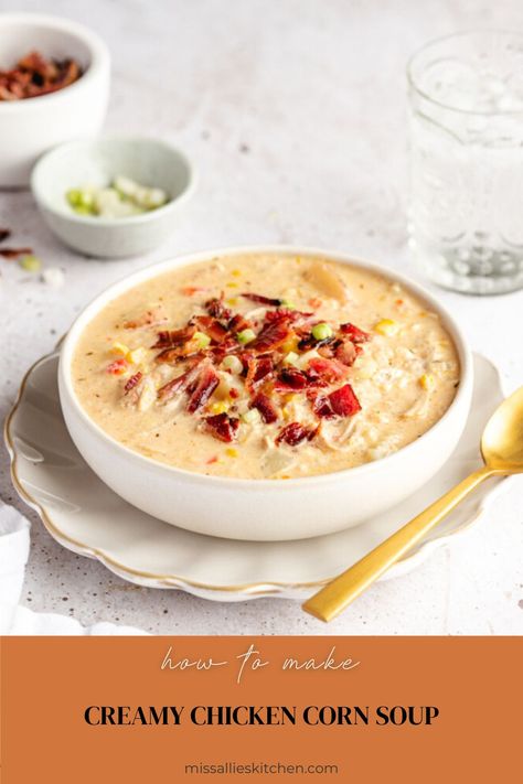 This Creamy Chicken Corn Soup recipe is packed with ingredients like chicken, corn and potatoes that simmer in a creamy chowder broth. Chicken Corn Soup Recipes, Corn And Potatoes, Elk Recipes, Chicken Corn Soup, Corn Soup Recipes, Chicken Corn, Potato Flakes, Like Chicken, Corn Soup