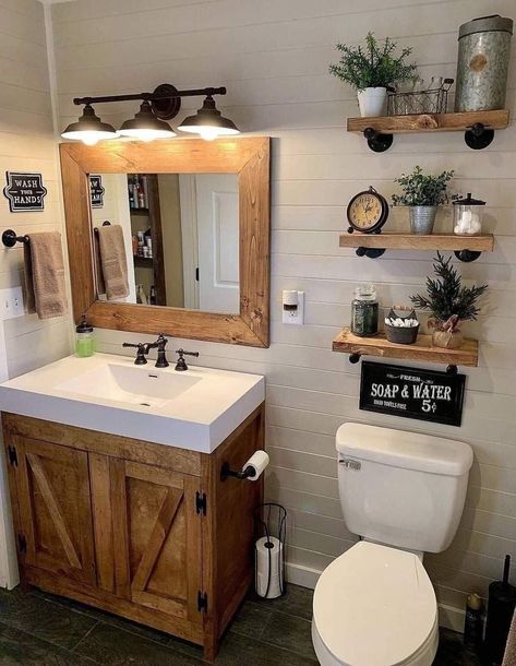 Rustic Farmhouse Bathroom Decor, Pottery Barn Bathroom, Rustic Bathroom Accessories, Outhouse Bathroom, Farmhouse Bathroom Accessories, Small Farmhouse Bathroom, Diy Farmhouse Ideas, Farmhouse Bathroom Design, Rustic Farmhouse Bathroom