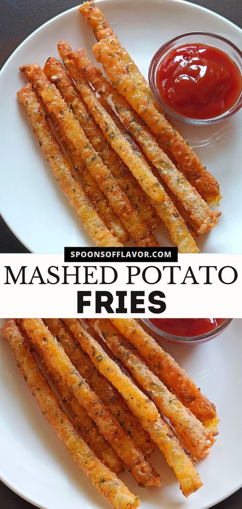 Tired of regular French fries that often get soggy reaching your doorstep? Try these fun and crispier alternatives – mashed potato fries! Whether you're serving them as a side dish, snack, or appetizer, these golden brown sticks never disappoint and are very easy to make! #fries #mashedpotatosticks #potatofries #potatosnacks Snacks Made From Potatoes, Mash Potato Fries, Mashed Potato Chips, Stuffed French Fries, Mashed Potato French Fries Recipe, Mashed Potato Fries Recipe, Must Have Recipes, Easy French Fries Recipe, Fun Potato Recipes