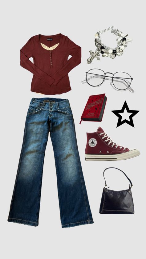 #darkred #y2k #books #outfit #style #glasses #converse Converse Outfit Baggy, Dark Red Converse Outfit, Red Converse Outfit Ideas, Dark Red Converse, Red Converse Outfit, High School Fashion, Converse Outfit, Style Glasses, Red Converse