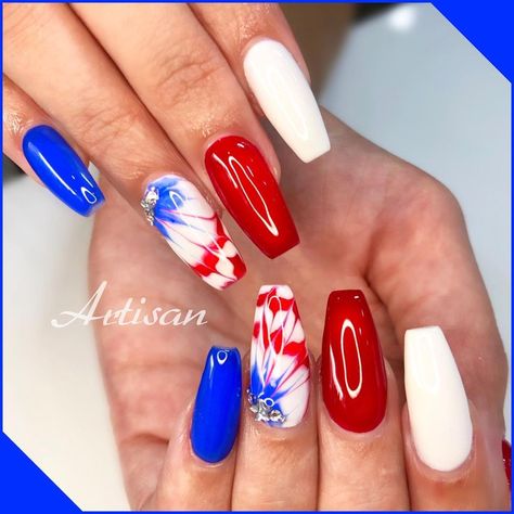 Fourth Of July Nails Designs Acrylic, 4th Nails Design, Red And Blue Nails Acrylic, Patriotic Nail Designs Red White Blue, Patriotic Nails 4th Of July, Nails Patriotic, 4th Nails, Patriotic Nails Design, Firework Nails