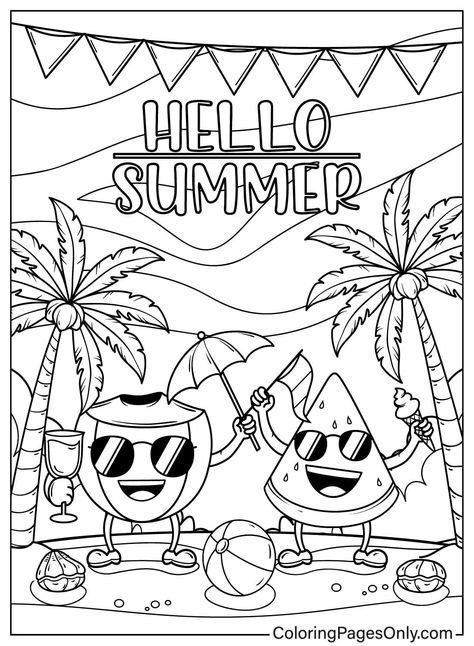 Cartoon Coconut And Watermelon On The Beach Hello Summer Coloring Pages, Summer Coloring Sheets, Animal Masks For Kids, Beach Cartoon, Paw Patrol Christmas, Beach Coloring Pages, Easy Flower Drawings, Islamic Kids Activities, Summer Coloring