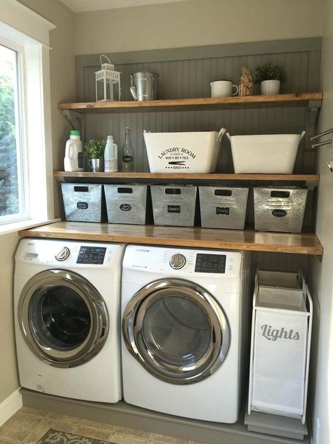 Farmhouse Home Design, Laundry Room Storage Shelves, Rustic Laundry Rooms, Room Storage Diy, Laundry Room Flooring, Dream Laundry Room, Laundry Room Layouts, Kabinet Dapur, Farmhouse Laundry