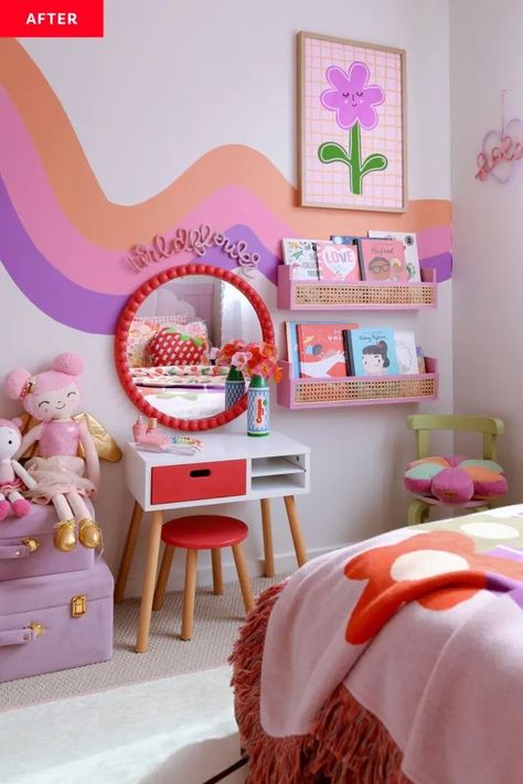 Modern Rainbow Bedroom, Retro Rainbow Bedroom, Toddler Room Ideas Girl Colorful, Toddler Girl Bedroom Colorful, Groovy Toddler Room, Big Girl Room Makeover, Groovy Girls Room, Retro Girls Bedroom, Kids Room Colorful