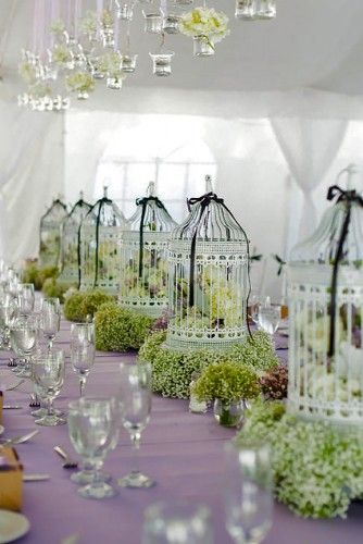 Stunning Non-Floral Wedding Centerpieces Ideas ★ See more: https://www.weddingforward.com/non-floral-wedding-centerpieces/4 Bird Cage Centerpiece, Wedding Birdcage, Violet Wedding, Elegant Wedding Reception, Bird Cage Decor, Wedding Floral Centerpieces, Birdcages, Wedding Table Centerpieces, Wedding Deco