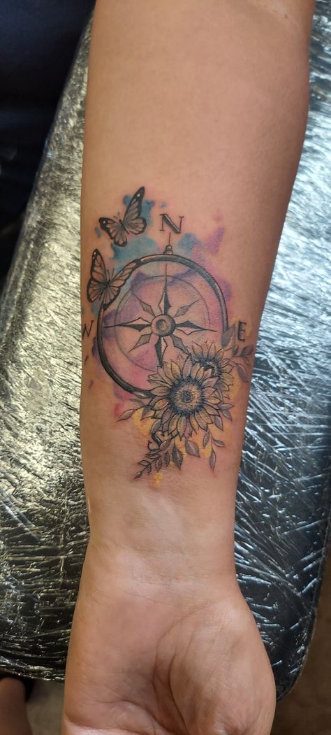 Compass Tattoo For Women Beautiful, Sunflower And Compass Tattoo, Dragonfly Compass Tattoo, Compass Sunflower Tattoo, Be The One To Guide Me But Never Tattoo, Compass Tattoo For Women, Sun And Moon Compass Tattoo, Compass Memorial Tattoo, Sunflower Dragonfly Tattoo