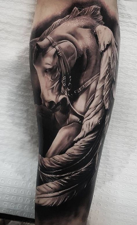 Horse Sleeve Tattoo, Pegasus Tattoos, Rider Tattoo, Monarch Tattoo, Pegasus Tattoo, Horse Tattoos, Horse Tattoo Design, Tattoo Dragon, Greek Mythology Tattoos