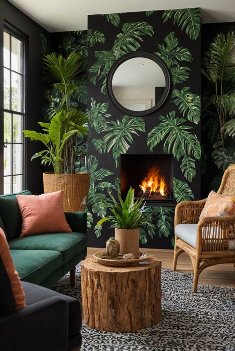 tropical living room, tropical interior design, fireplace design, tropical-inspired decor, tropical home decor, tropical design ideas, living room decor Jungle Themed Living Room, Jungle Living Room, Safari Living Rooms, Tropical Decor Living Room, Light Oak Floors, Tropical Living Room, Colorful Backsplash, Tropical Living, Living Room Design Inspiration