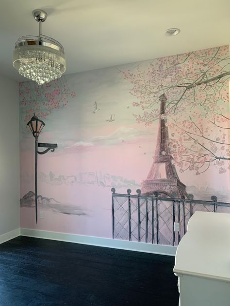 Pink sunset, grey clouds, Eiffel Tower, street lamp, white doves, cherry blossoms, soft. Illustrations Digital, Paris Themed, Digital Portraits, Wall Murals Painted, Acrylic Artists, The Giraffe, Destin Florida, Paris Theme, Watercolor Illustrations