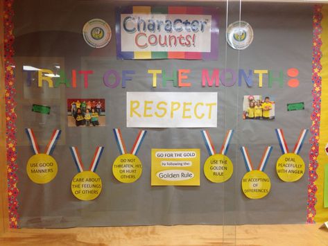 My Character Counts, Respect bulletin board! Character Counts Bulletin Boards, Moral Values Bulletin Board, Responsibility Bulletin Board Ideas, Responsibility Bulletin Board, Character Trait Bulletin Board, Bulletin Board On Respect, Bulletin Board Responsibility, Respect Bulletin Boards, Guidance Bulletin Boards