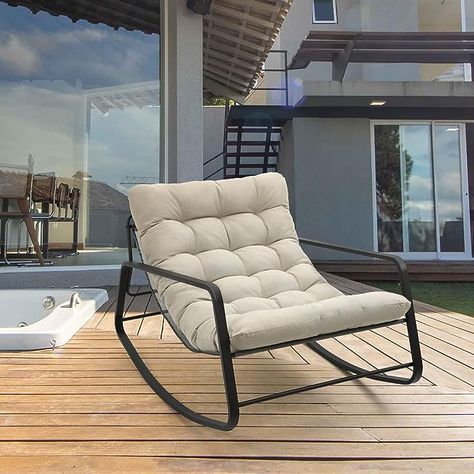 WQSLHX Widened Rocking Chair Outdoor Backyard Furniture Metal Outside Chair for Patio Lawn, Front Porch, Balcony(Beige) Bedroom Courtyard, Nursery Armchair, Chair For Nursery, Mid Century Nursery, Front Porch Garden, Beige Nursery, Lazy Chair, Rocker Recliner Chair, Rocking Armchair