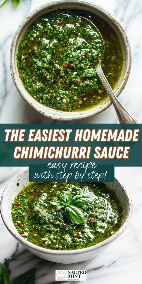 Experience a burst of flavor with this Argentinian Chimichurri sauce—a fresh parsley and cilantro salsa that gives grilled steak, chicken, fish, and vegetables a garlicky kick. Ready in just 10 minutes. Argentinian Chimichurri Recipe, Easy Chimichurri Sauce, Argentinian Chimichurri, Oregano Recipes, Cilantro Chimichurri, Chimichurri Sauce Recipe, Parsley Recipes, Argentinian Food, Chimichurri Recipe